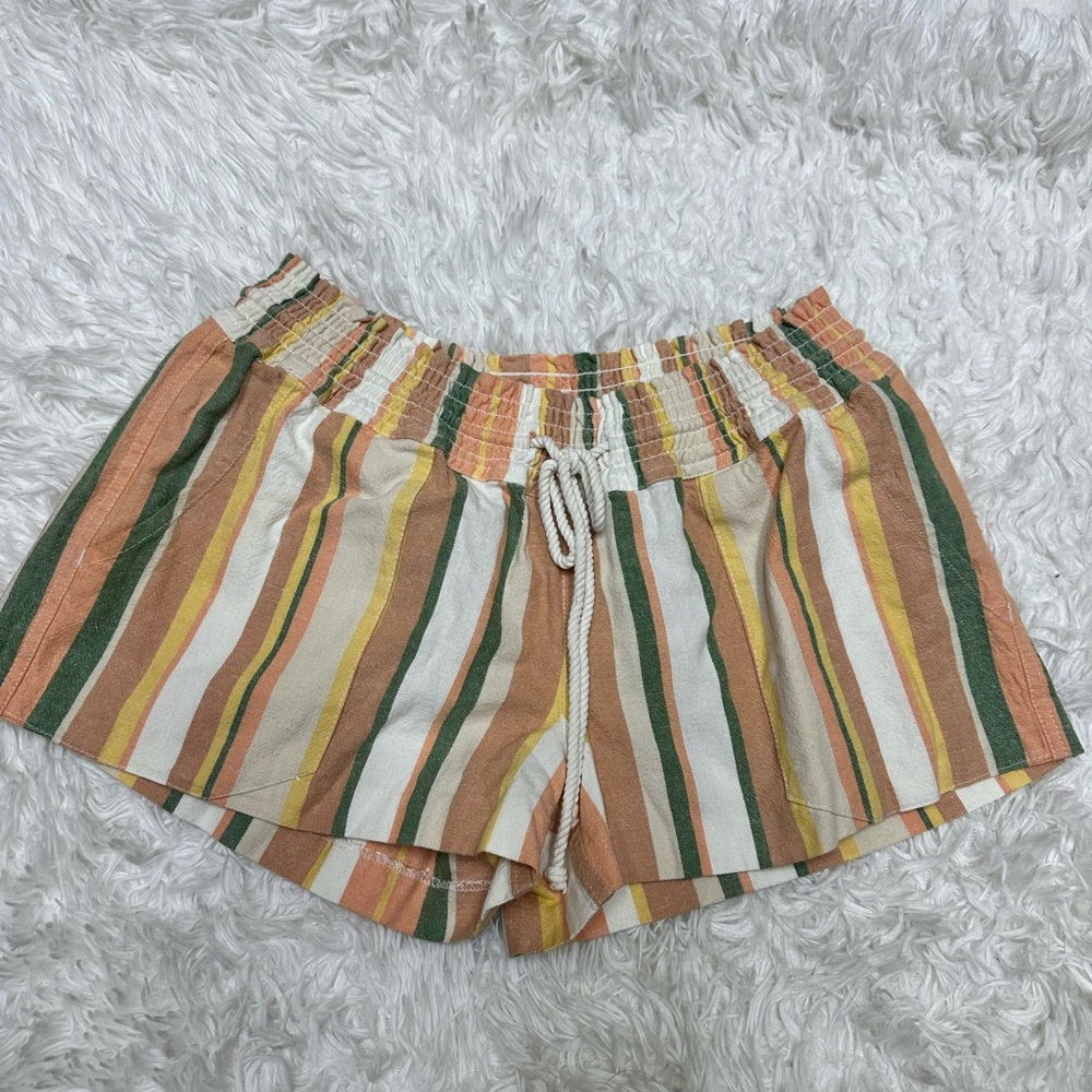 Roxy High Waist Striped Shorts - Green, Yellow, Tan